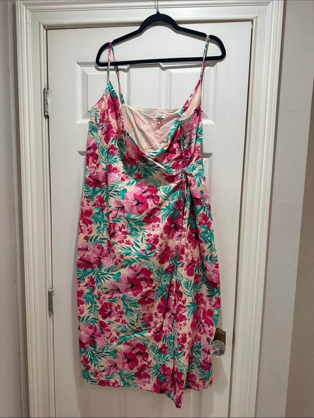 J. Crew Pink Floral Midi Dress with Green Leaves